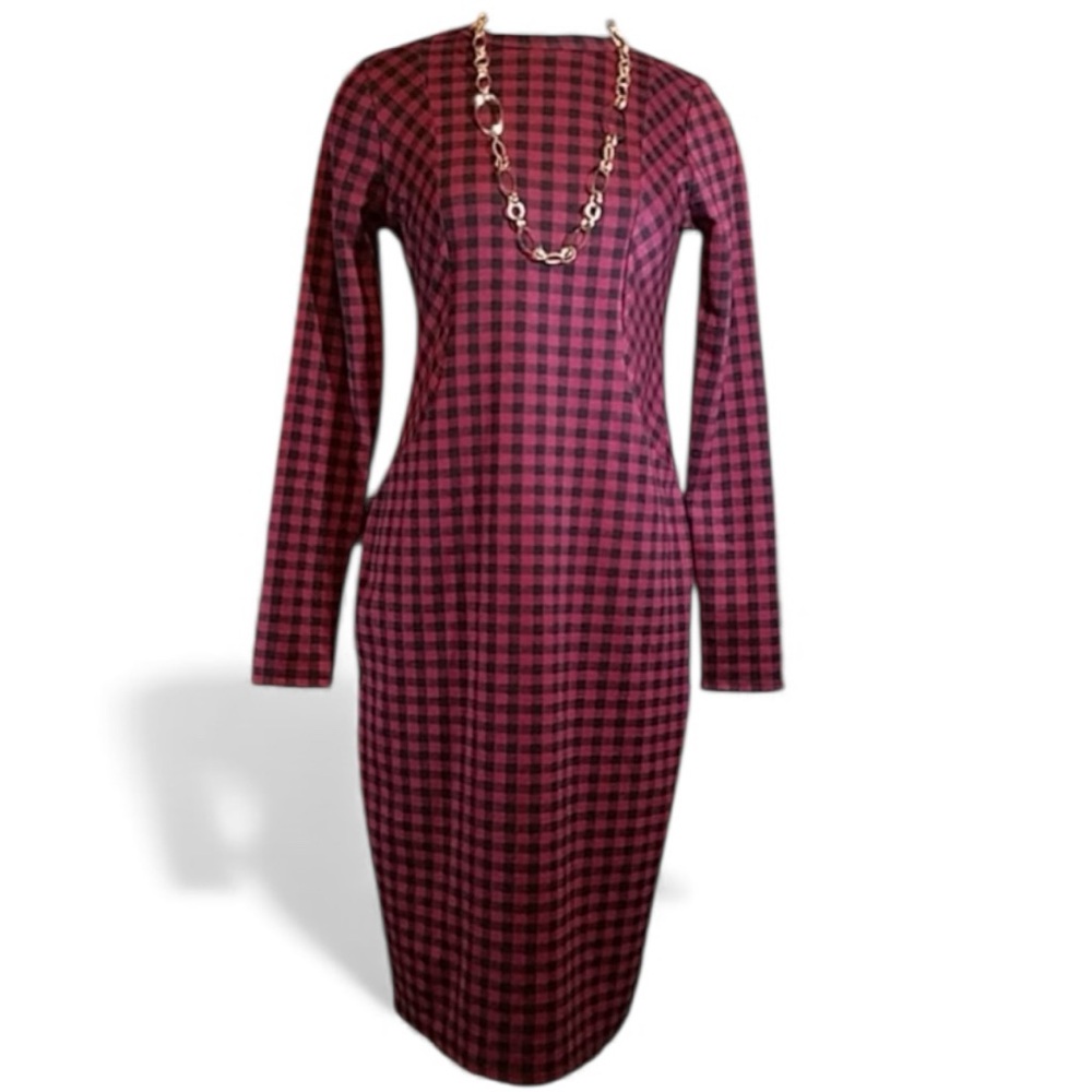 Plaid Long Sleeve Dress Red and Black - Picture 1 of 8